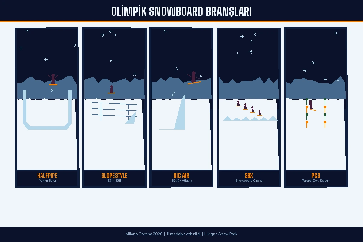 Beş olimpik snowboard branşını gösteren infografik: Halfpipe, Slopestyle, Big Air, Snowboard Cross ve Paralel Dev Slalom