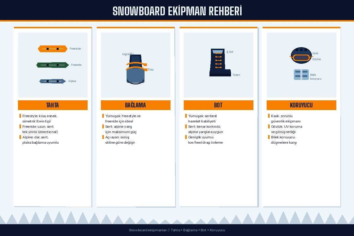 Snowboard ekipman rehberi: tahta türleri, bağlama, bot ve koruyucu ekipman detaylı görseli