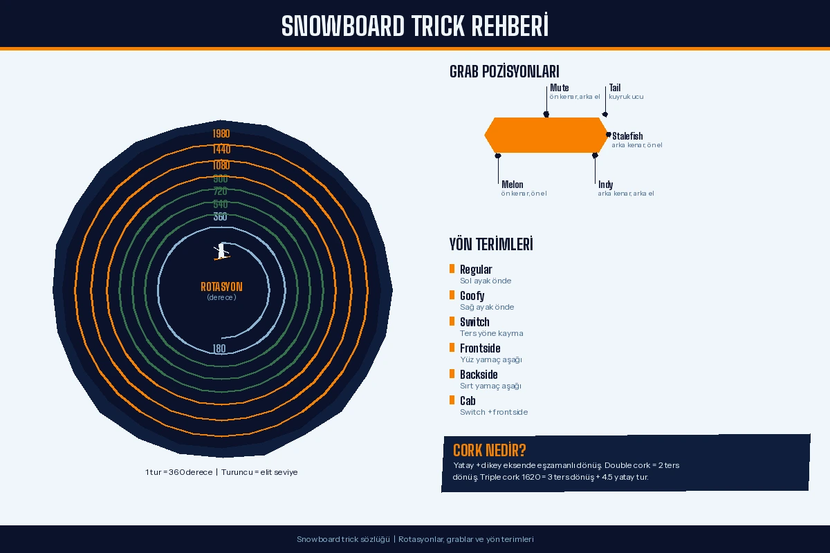 Snowboard trick rehberi: 180 ile 1980 derece arası rotasyon şeması, grab pozisyonları ve yön terimleri